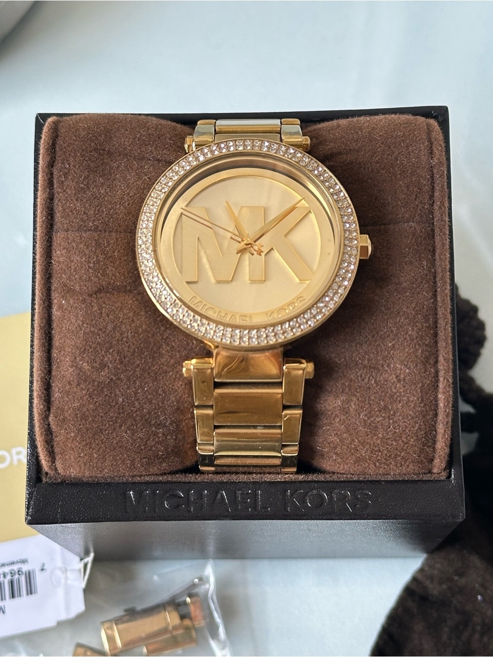 Michael Kors Gold Crystal-Bezel MK Logo Bracelet Watch